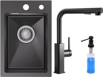 CECIPA max Spoelbak 30x45 cm - Spoelbak Keuken Antraciet - Spoelbakken Keuken Met Keukenkraan en Zeepdispenser 300ML - Wasbak Keuken - incl. Afvoerzeefje en Sifon