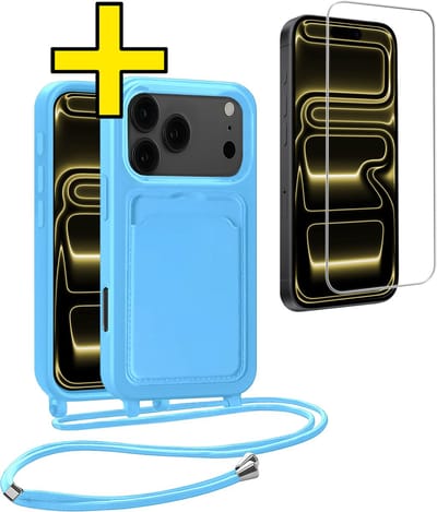 Hoesje Geschikt voor iPhone 17 Pro Max Telefoonhoesje Met Koord Case Pashouder Met Screenprotector Siliconen - Hoes Geschikt voor iPhone 17 Pro Max Hoesje Met Kaarthouder - Lichtblauw