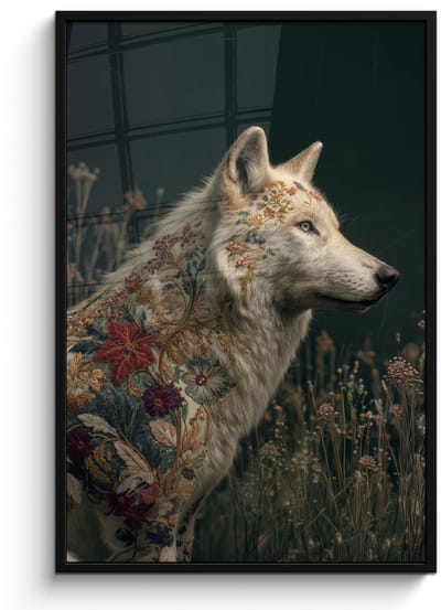 Poster in lijst - Fotolijst 80x120 cm - Posters - Wolf - Bloemen - Natuur - Posterlijst zwart - Decoratie - Wanddecoratie woonkamer - Muurdecoratie slaapkamer