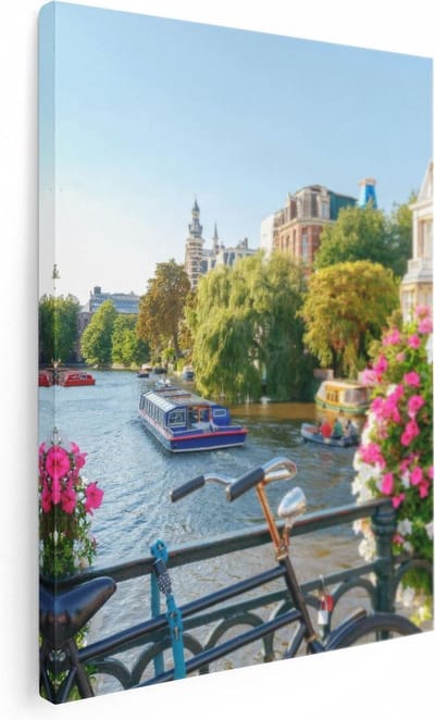 Artaza Canvas Schilderij Grachten Amsterdam - 30x40 cm - Klein - Muurdecoratie Bloemen - Wanddecoratie Fiets - Kamer Accessoires Woonkamer