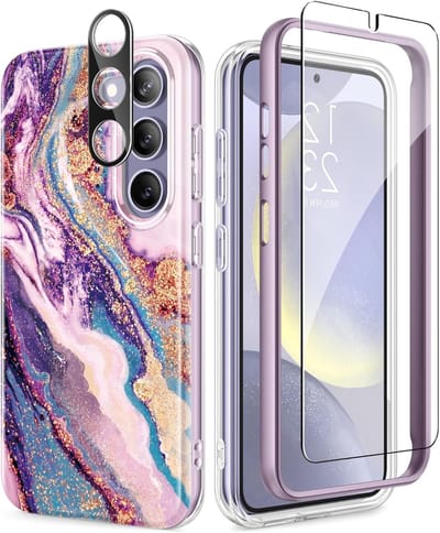 Schokbestendige Bumper Hoes met Scherm- en Camera Bescherming voor Samsung Galaxy S24 Plus 6.7" - Droomland Rivier/Paarse Marble, 21ft Valbestendig, Anti-Kras Design