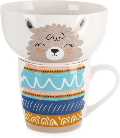 Kinderbeker met kom Porselein Lama 2 delig - Drinkbeker - Kinder Beker - Mok voor Kinderen - Kindermok - Kinderkom - Baby Kommetje - Kinderkommetje - Kom - Kommen - Schaaltje - Schaal