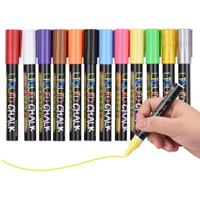 BIGTHUMB Vloeibare Krijtstiften 12 Levendige Kleuren met 3mm Omkeerbare Punt Uitwisbaar Op Waterbasis 12 Colors black