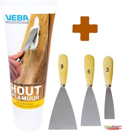 Houtplamuur - houtvuller - 1 x 400gram + KD Plamuurmes Set 3-Delig (3cm, 6cm, 9 cm)