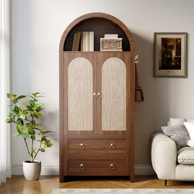 PHOEBE CAT Boekenkast - Dressoir - Halmeubel - Gebogen rotan deur - 2 lades - Bruin