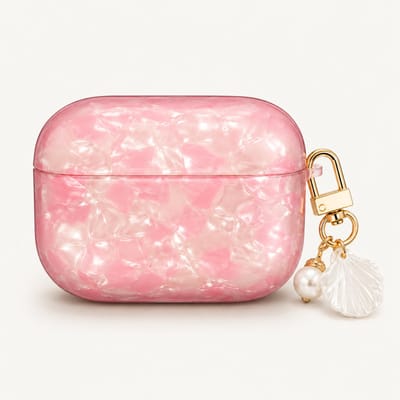 Enluxe Case geschikt voor Airpods 4 - Roze Parelmoer Shell - Glanzend Hoesje met Parelhanger, Schokbestendig Hoesje