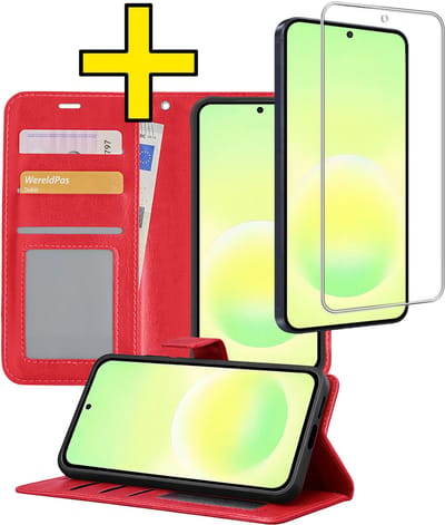Hoesje - Met Screenprotector - Geschikt voor Samsung Galaxy A57 - Luxe Pasjeshouder - Bookcase Portemonee - Flip Case - Kunstleer Book Case - Flipcase - Book Cover - Walletcase - Portemonneehoes - Telefoonhoesjes - Rood