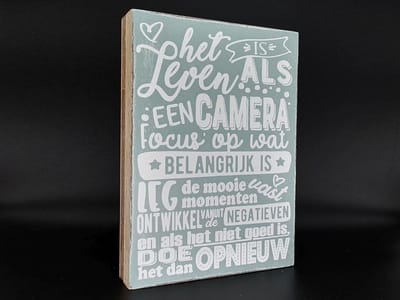 tekstblok 25x18xcm het leven is als een camera zee blauw / wit