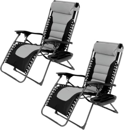 Gewatteerde Zero Gravity Lounge Chair - Tuinstoel - Ligbed - Voor Terras & Tuin - Opvouwbare Fauteuil met Verstelbare Hoofdsteun, Bekerhouder - Ondersteuning tot 160 kg - 2 stuks - Zwart