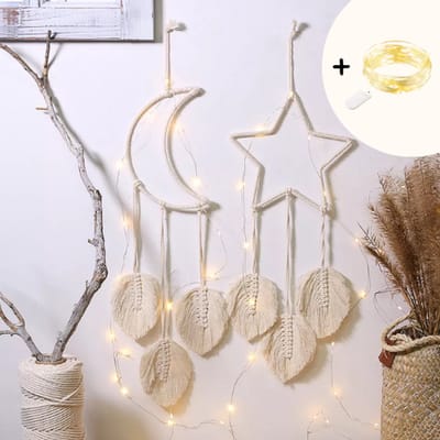 ZoeZo Macramé wandhanger met verlichting Maan & Ster - Macramé dromenvanger - Wanddecoratie - Wandkleed - Muurdecoratie - Beige