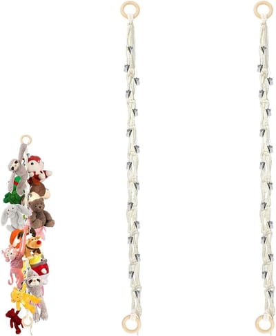 Pluche Dieropslag met 2 Houten Ringen en 40 Clips, 2 Meter Hangnet voor Knuffels en Speelgoed Organisatie