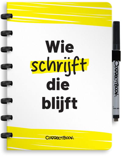 Correctbook A5 Uitwisbaar Notitieboek – Herbruikbaar schrift – Wie Schrijft die blijft – Mix binnenwerk – Inclusief pen & wisdoekje – Aanvulbaar met extra pagina’s