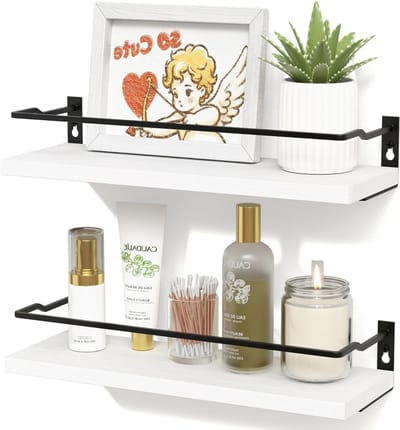 Set van 2 Zwevende Wandplanken met Vangrails voor Badkamer, Keuken en Woonkamer - Wit