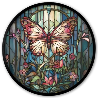 Poster in lijst Rond - Fotolijst 40x40 cm - Posters - Vlinder - Roze - Bloemen - Bladeren - Ronde posterlijst zwart - Decoratie - Wanddecoratie woonkamer - Muurdecoratie slaapkamer
