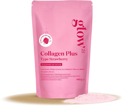 Glow25® Collagen Strawberry (450 gram) | met vitamine C, zink en biotine | peptiden type 1 en 3 | aardbeiensmaak | voeg toe aan water
