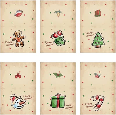 Kerstkaarten Set - Wenskaarten Kerst Groetkaarten - Feestdagen Vieren - 6 Verschillende Ontwerpen - 115 x 17 cm - Multicolor