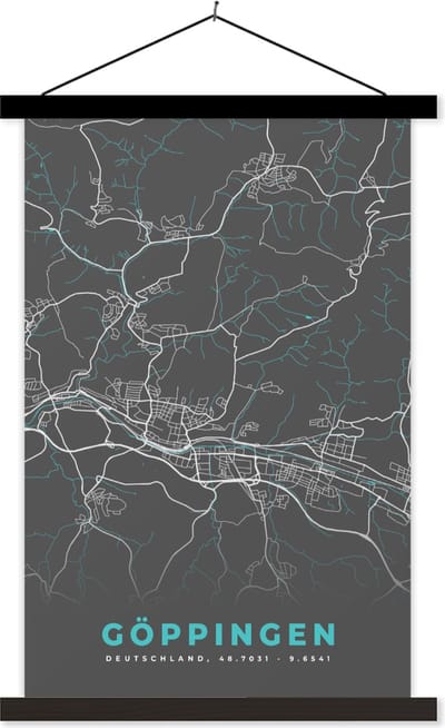 Posterhanger incl. Poster 40x60 cm - Schoolplaat - Blauw – Duitsland – Plattegrond – Stadskaart – Kaart – Göppingen - Textielposter - Zwarte latten - Stadskaart