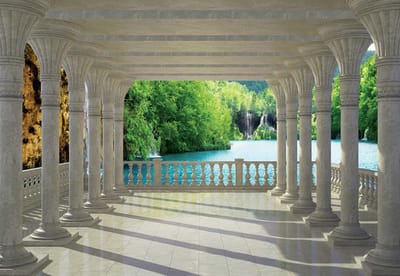 Fotobehang  Tropical Lake Through Pillars | XL - 208cm x 146cm | 130g/m2 Vlies
