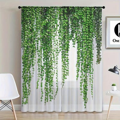 2-luiks Tuinstijl Cartoon Bloemen Potplanten Transparante Gordijnen UV-Beschermend Polyester Decor Raampanelen voor Woonkamerraam 100W130H(CM)40x51in&rod pocket