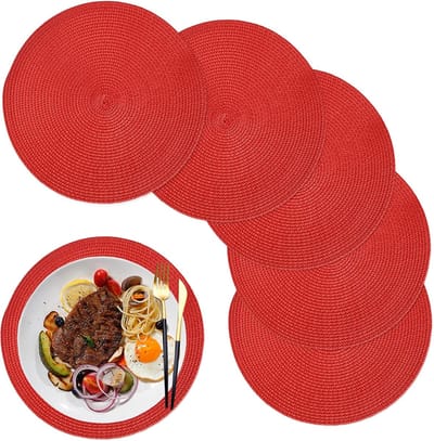 QTTVBTNA – Set van 6 Ronde Placemat – Wasbare en Hittebestendige Tafelmatten – Antislip Onderzetters voor Eettafel en Keukentafel – Beschermt tegen Vlekken en Krassen – Geschikt voor Dagelijks Gebruik en Feestelijke Tafeldecoratie – 32 cm – Rood