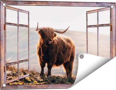 Gards Tuinposter Doorkijk Schotse Hooglander in de Heuvels van Schotland - 60x40 cm - Tuindoek - Tuindecoratie - Wanddecoratie buiten - Tuinschilderij
