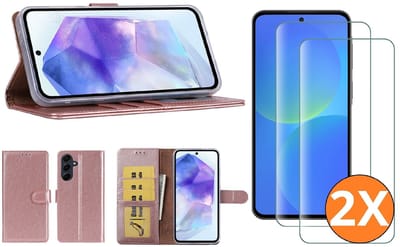 Hoesje geschikt voor Samsung Galaxy A37 5G hoesje Rose Goud pasjeshouder telefoon hoes - Met screenprotector tempered glass voor Galaxy A37 5G - 2x
