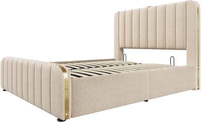 COVREO Opklapbed met opbergruimte – 140x200 cm – Bed met USB-C in hoofdbord – Tweepersoonsbed voor slaapkamer – Beige - zonder matras