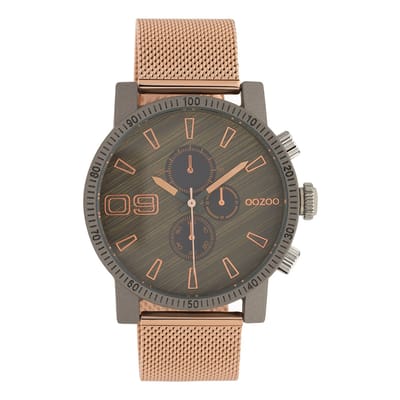 OOZOO Timepieces - Donker grijze horloge met rosé goudkleurige metalen mesh armband - C10685