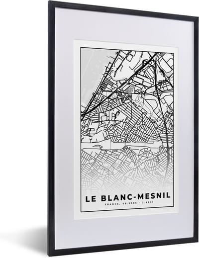 Fotolijst incl. Poster Zwart Wit- Plattegrond - Kaart - Frankrijk - Stadskaart - Le Blanc-Mesnil - Zwart wit - 40x60 cm - Posterlijst
