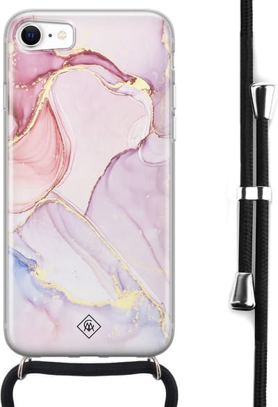 Casimoda® hoesje met koord - Geschikt voor iPhone SE (2020) - Marmer roze paars - Afneembaar koord - Siliconen/TPU - Paars