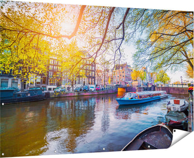 Gards Tuinposter Amsterdamse Gracht tijdens het Voorjaar - 180x120 cm - Tuindoek - Tuindecoratie - Wanddecoratie buiten - Tuinschilderij
