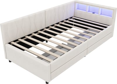Dagbed, 90*200 cm, slaapbank, met opbergvakken aan de zijkant, USB- en Type-C-poorten, led-lichtstrip, twee lades, lattenbodem (matras niet inbegrepen), linnen, beige.