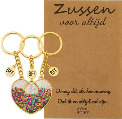BFF Sleutelhanger voor 3 'Zussen voor altijd' - Magnetisch Glitter Hartje - Sleutelhanger set op Cadeau Kaartje Sleutelhanger set - Goudkleurig - Vriendschap Symbool - Pax Amare