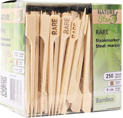 250 houten spiesjes prikkers 9 cm van bamboe met opdruk Rare - hapjes barbecue grill sate stokjes - Vlees Steak marker - wegwerp