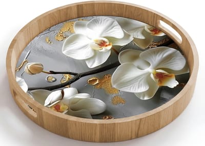 Dienblad rond 40x40 cm - Schootdienblad hout - Bloemen - Orchidee - Abstract - Modern - Borrelplank rechthoek - Plateau houten dienbladen