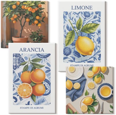 Wallfluent Set van canvas schilderijen - Vintage citrusvruchtenillustraties Canvas Schilderijen Set - Set van 4 Canvas Schilderijen - Oranje Set van Canvas Prints - Natuur Canvas Kunst Set - Boheemse Canvas Kunst Set