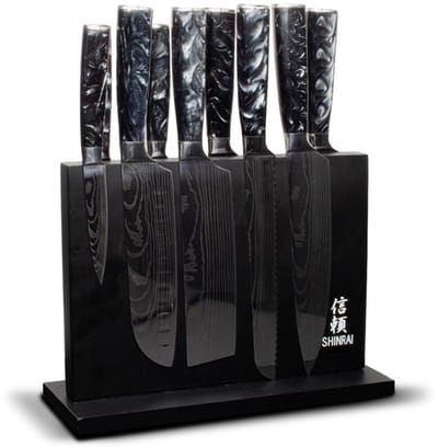Shinrai Knives - Damascus Print Onyx Epoxy 9-delige Messenset + Magnetisch Messenblok Dubbelzijdig - Zwart