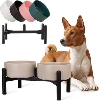 Voerbak voor honden, verhoogde hondenbak, set - dubbele voerbak keramiek met roestvrijstalen standaard - ideaal voor kleine en middelgrote honden - 660 ml x 2 - wit