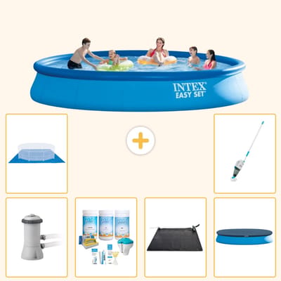 Intex Rond Opblaasbaar Easy Set Zwembad - 457 x 84 cm - Blauw - Inclusief Pomp - Onderhoudspakket - Solar Mat - Afdekzeil - Grondzeil - Stofzuiger - 7-delig