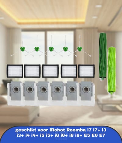 18 onderdelen geschikt voor iRobot Roomba i7 i7+ i3 i3+ i4 i4+ i5 i5+ i6 i6+ i8 i8+ E5 E6 E7 - stofzuigeronderdelen - 6 stofzuigerzakken / 5 HEPA-filter / 5 zijborstel / 2 wals