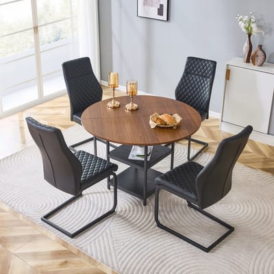 MIVRAY Eethoekset 107 cm - Ronde Eettafel Met Opbergniveaus En 4 Eetkamerstoelen - Voor Kleine Ruimtes - MDF Zwart