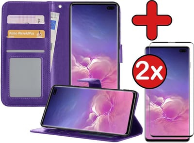 Hoesje - Met 2x Screenprotector - Geschikt voor Samsung Galaxy S10 - Luxe Pasjeshouder - Flip Case - Bookcase Portemonee - Kunstleer Book Case - Flipcase Hoes - Book Cover - Walletcase - Portemonneehoes - Telefoonhoes - Paars