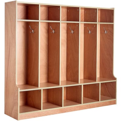 5-vaks Kinderkledingkast, Houten Peutervakkenkast met 10 Haken & Antislipmat, Moderne Kinderkledingvakken met 10 Kleine Open Opbergvakken