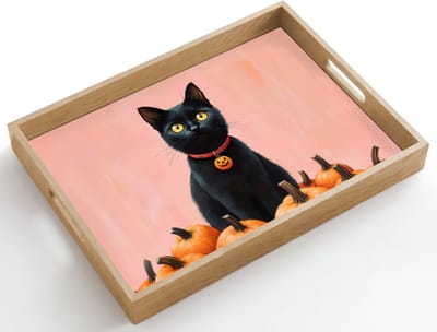Dienblad hout 50x35 cm - Schootdienblad - Kat - Pompoen - Roze - Borrelplank rechthoek - Plateau dienbladen