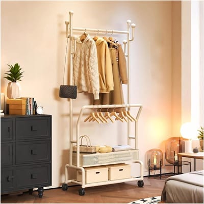 Dubbele kledingrek - Kapstok op wielen - Kleding opbergen - Met opbergplank - 60 cm breed - Wit