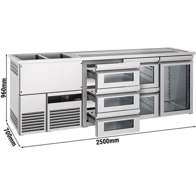 GGM Gastro Biertheke PREMIUM - 2500x700mm - 1 Glastür & 5 Glasschubladen Zilver