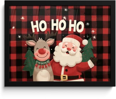 Poster in lijst - Fotolijst 40x30 cm - Posters - Kerstman - Rendier - Tekst - Rood - Zwart - Posterlijst zwart - Decoratie - Wanddecoratie woonkamer - Muurdecoratie slaapkamer - Kerstversiering - Kerstdecoratie voor binnen - Kerstmis