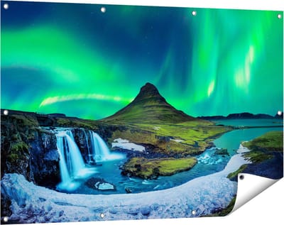 Gards Tuinposter Noorderlicht bij de Watervallen in IJsland - 120x80 cm - Tuindoek - Tuindecoratie - Wanddecoratie buiten - Tuinschilderij