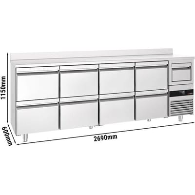 GGM Gastro Bar- & Getränkekühltisch PREMIUM - 2690x600mm - mit 8 Schubladen 1/2, Aufkantung & Ausklopfer für Kaffee