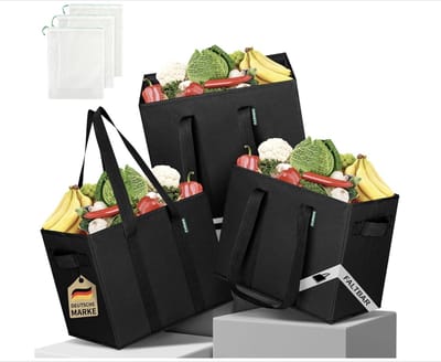 COTTARA Premium boodschappentas opvouwbaar 3-pack – stabiele herbruikbare boodschappenmand met opvouwbare versterkte bodem incl. 3x fruit- en groentenetten – 38 x 23 x 31 cm zwart